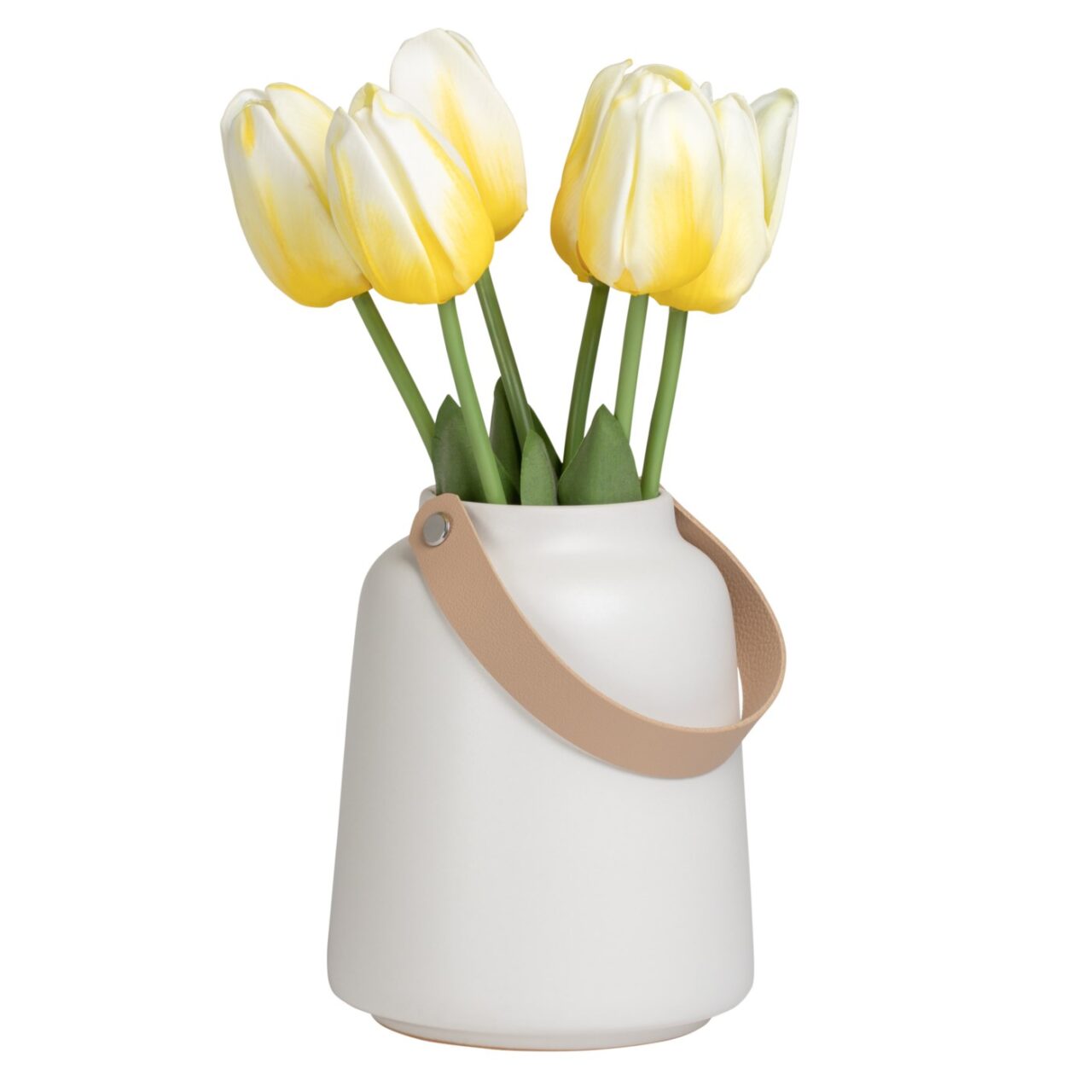Lido Matte White Ceramic 6h” Tapered Vase with Faux Leather Handle
