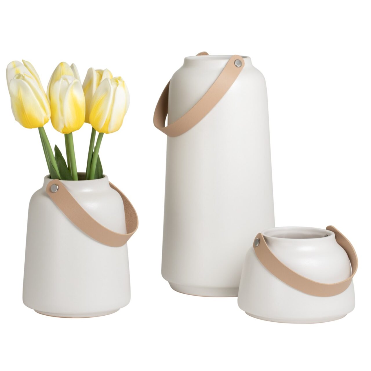 Lido Matte White Ceramic 6h” Tapered Vase with Faux Leather Handle