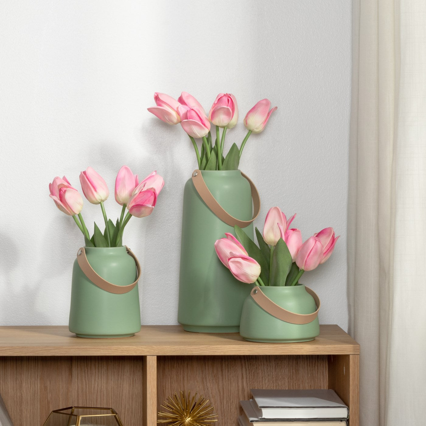 Lido Matte Green Ceramic 3.5h” Tapered Vase with Faux Leather Handle