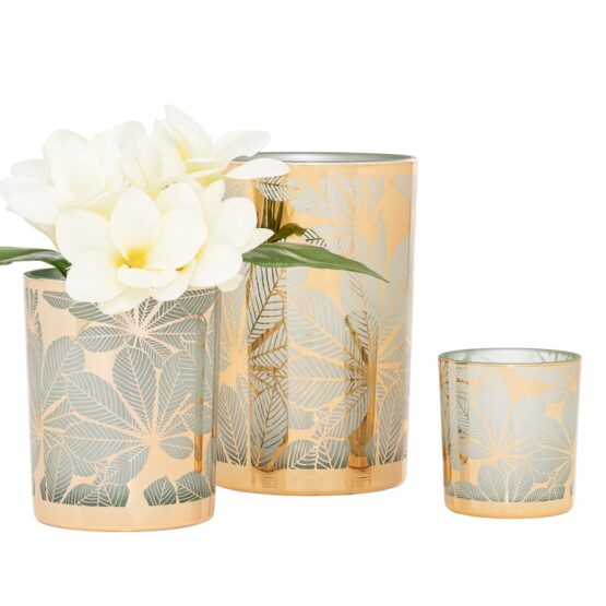 THEA GREEN LEAF GOLD MIRROR 3D X 3″ GLASS HURRICANE VASE