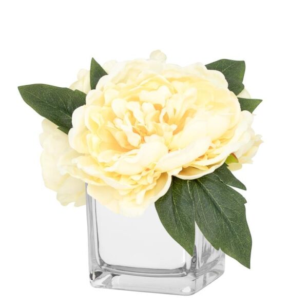 Peony Faux Arrangement in Glass Mirror Cube Vase – Yellow