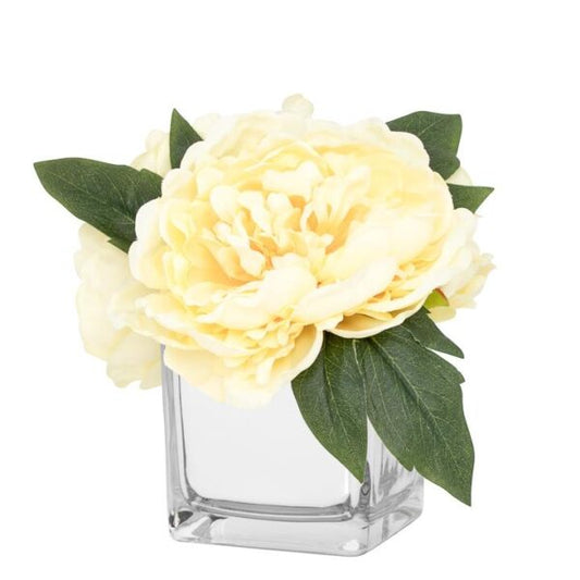 Peony Faux Arrangement in Glass Mirror Cube Vase – Yellow