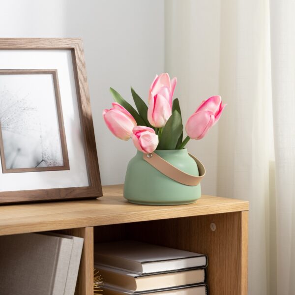 Lido Matte Green Ceramic 3.5h” Tapered Vase with Faux Leather Handle